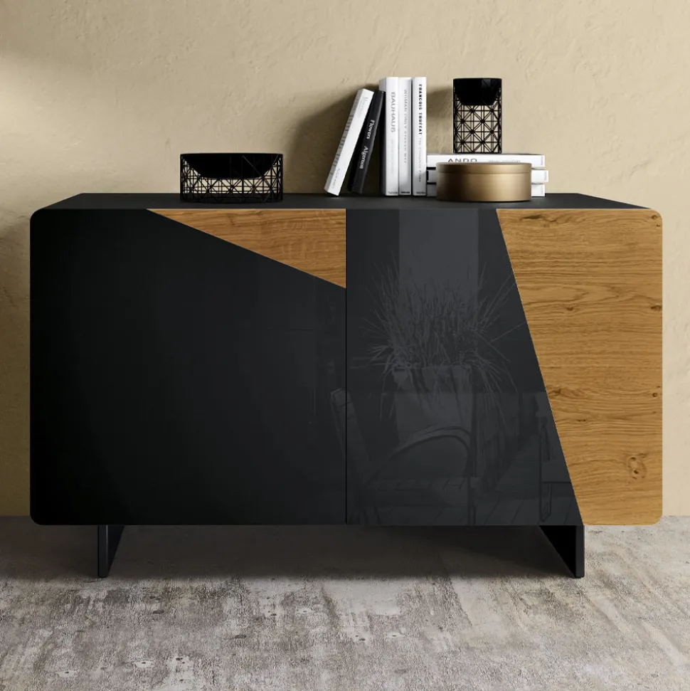 Madia da Salotto con 2 Ante in Finitura Rovere Nodato Country e Antracite Glass - Ove