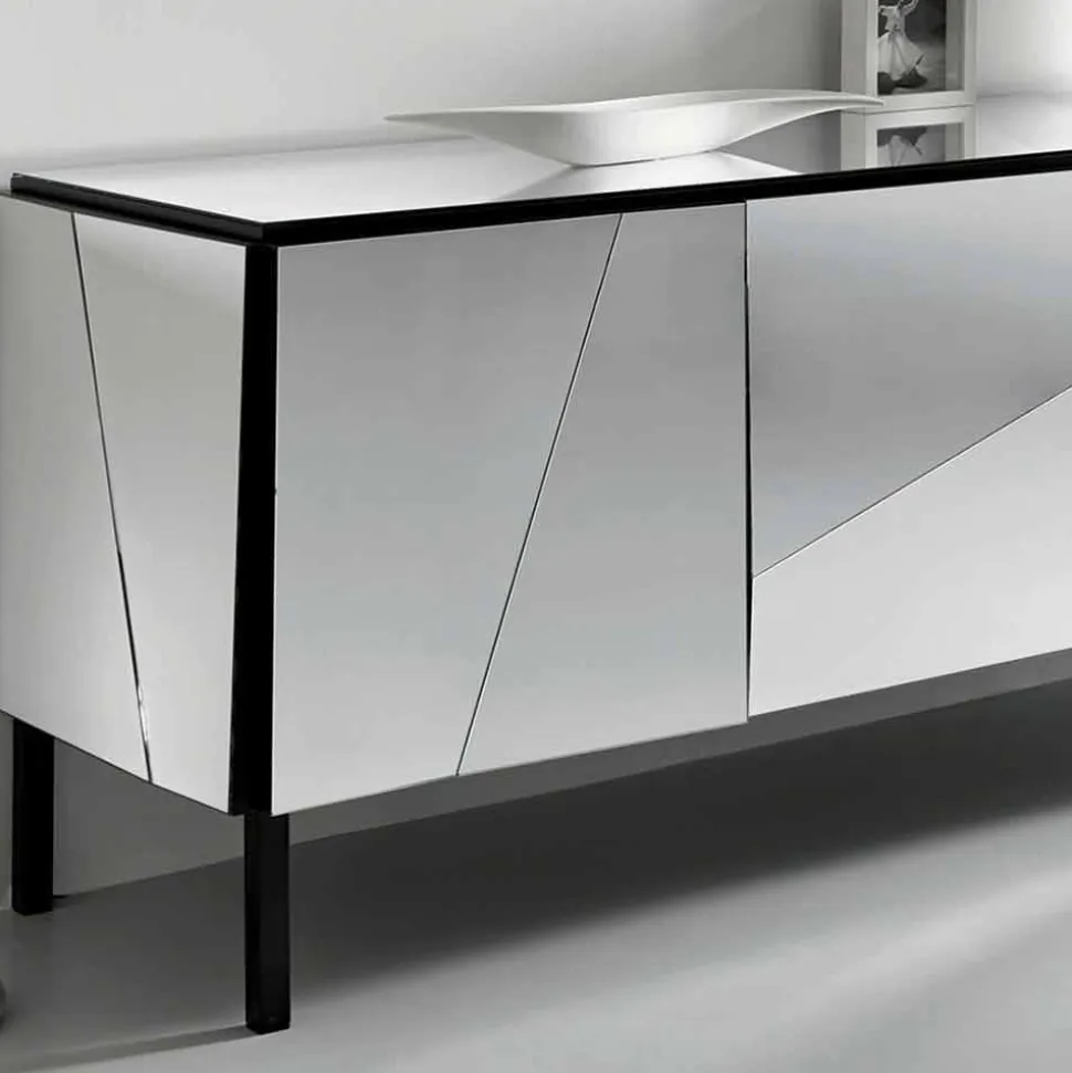 Madia da Salotto in Legno Nero Opaco e Vetri a Specchio, Lusso Italiano - Senese