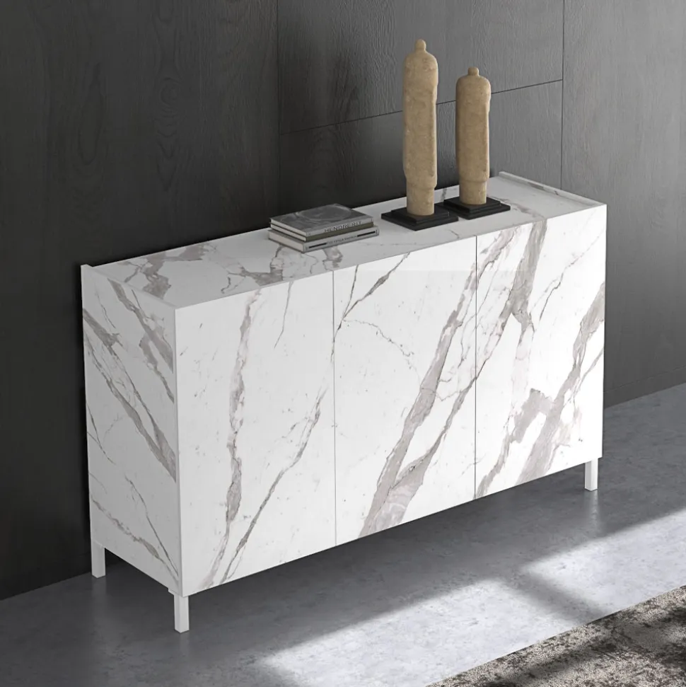 Madia da Salotto Rivestita in Melaminico Finitura Marmo Made in Italy - Zinco