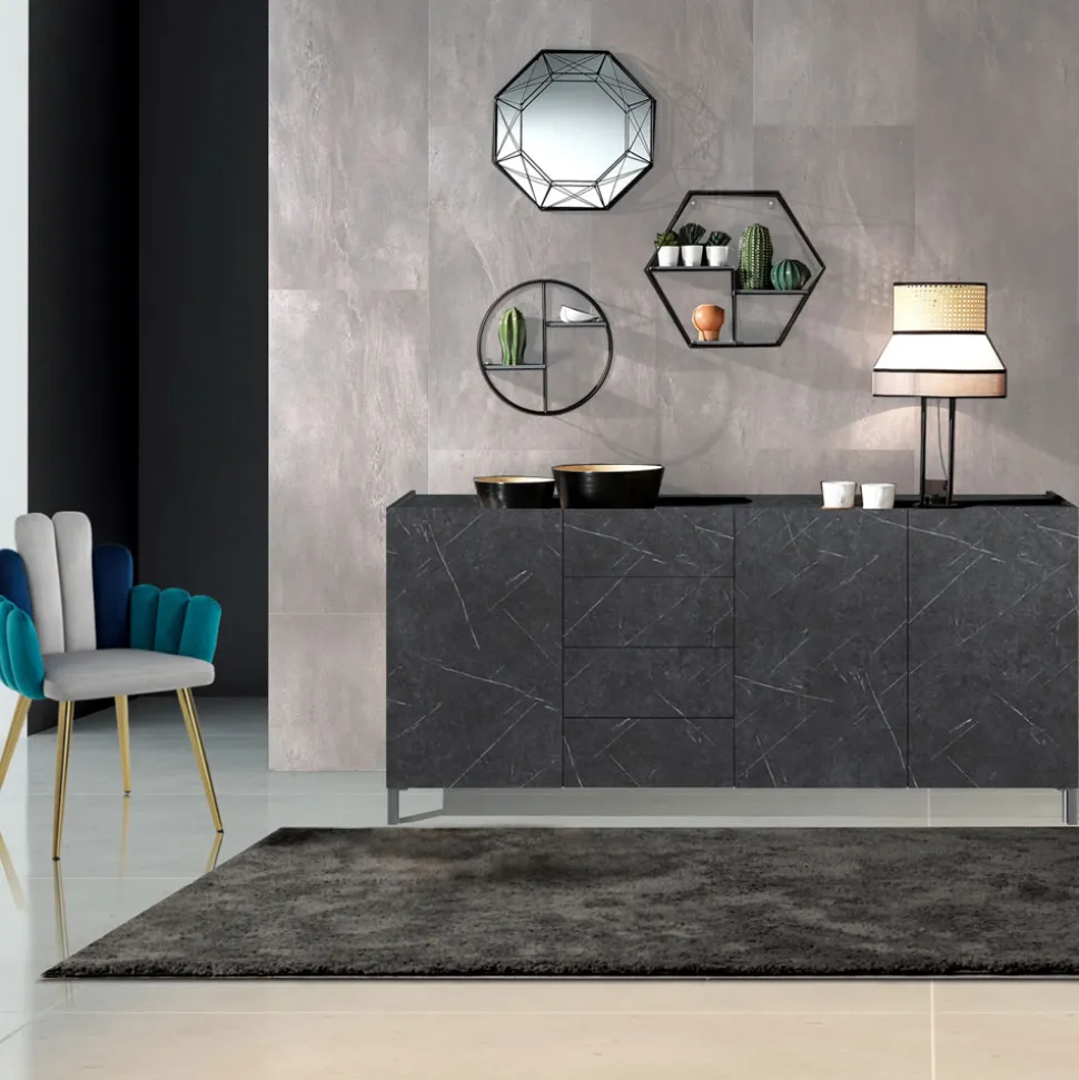 Madia da Salotto Rivestita in Melaminico Finitura Marmo Made in Italy - Zinco