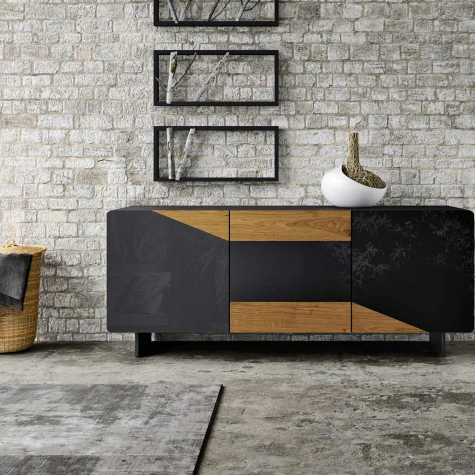 Madia da Soggiorno con 3 Ante in Finitura Rovere Nodato Country e Antracite Glass - Ove