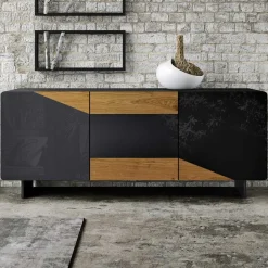 Madia da Soggiorno con 3 Ante in Finitura Rovere Nodato Country e Antracite Glass - Ove