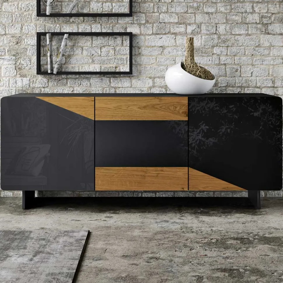 Madia da Soggiorno con 3 Ante in Finitura Rovere Nodato Country e Antracite Glass - Ove
