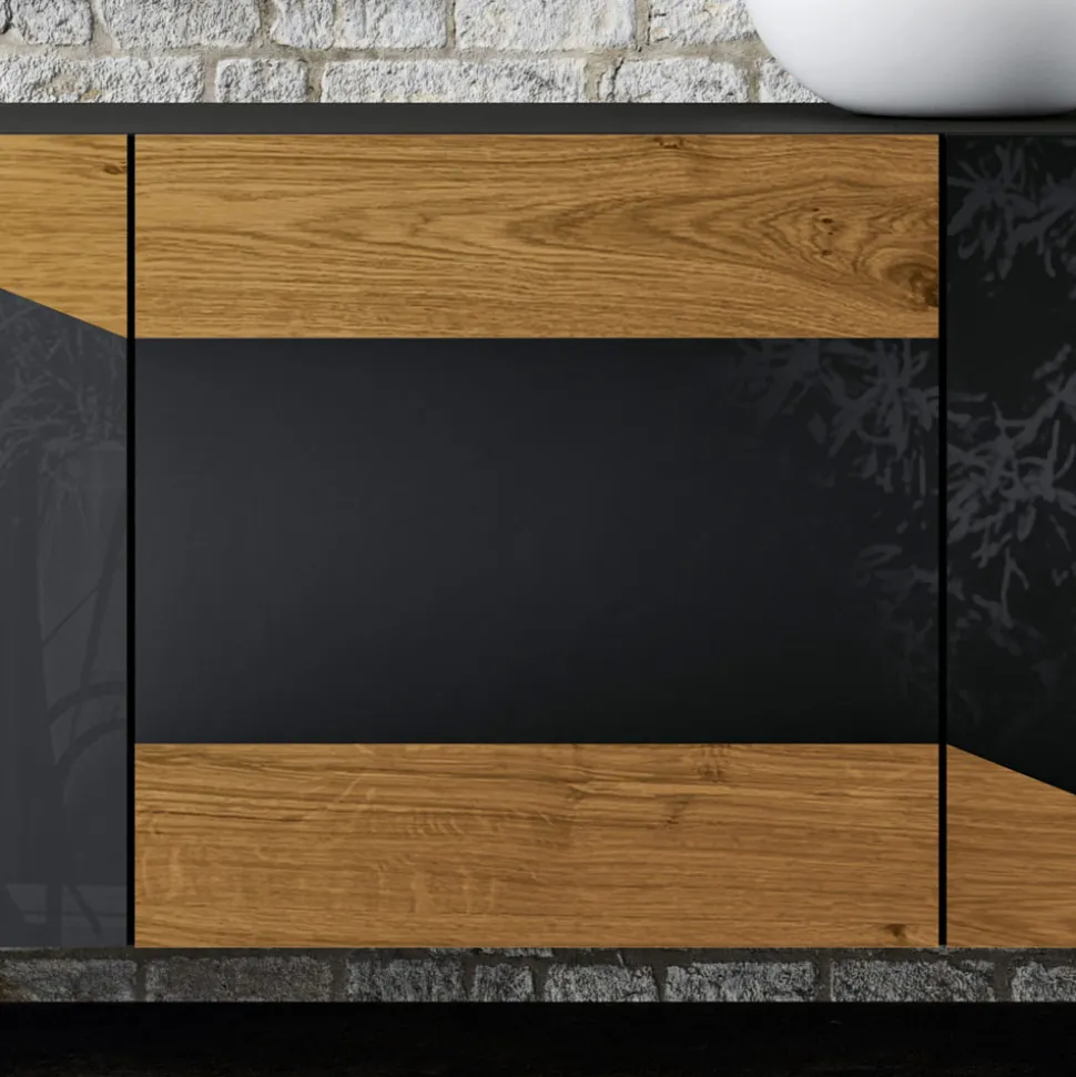 Madia da Soggiorno con 3 Ante in Finitura Rovere Nodato Country e Antracite Glass - Ove