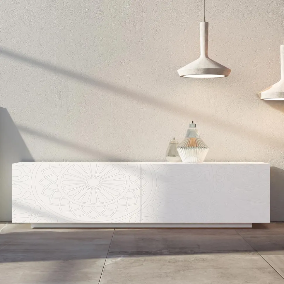 Madia da Soggiorno in Mdf Bianco con Bassorilievo Made in Italy - Stilea
