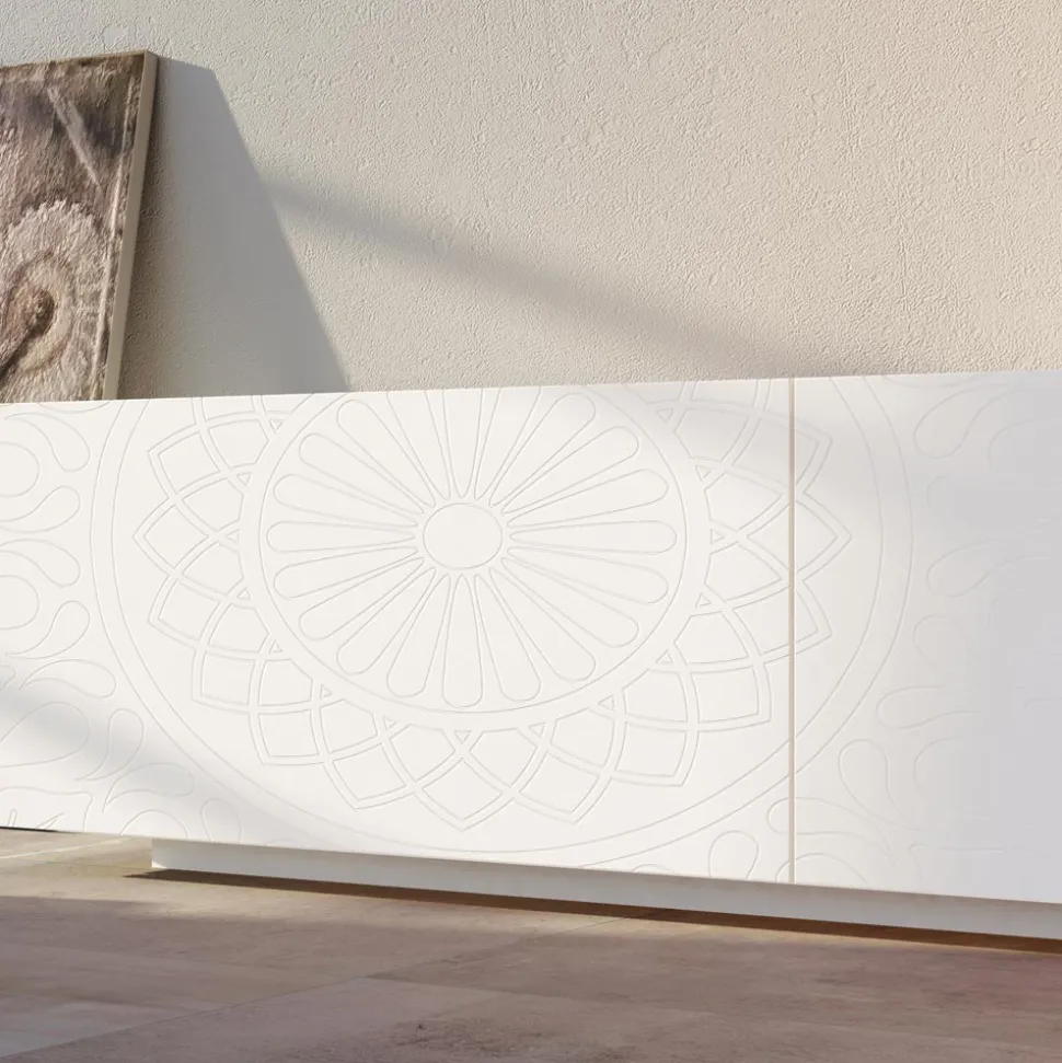 Madia da Soggiorno in Mdf Bianco con Bassorilievo Made in Italy - Stilea
