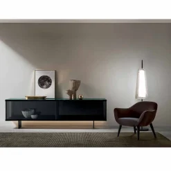 Madia da Soggiorno in Vetro Fumè e Marmo Verde o Rosso con Led, Lusso- Leonarda