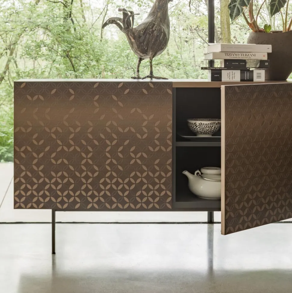 Madia da Soggiorno Laccata Moka Metallizzato con Decoro 3D Made in Italy - Acero