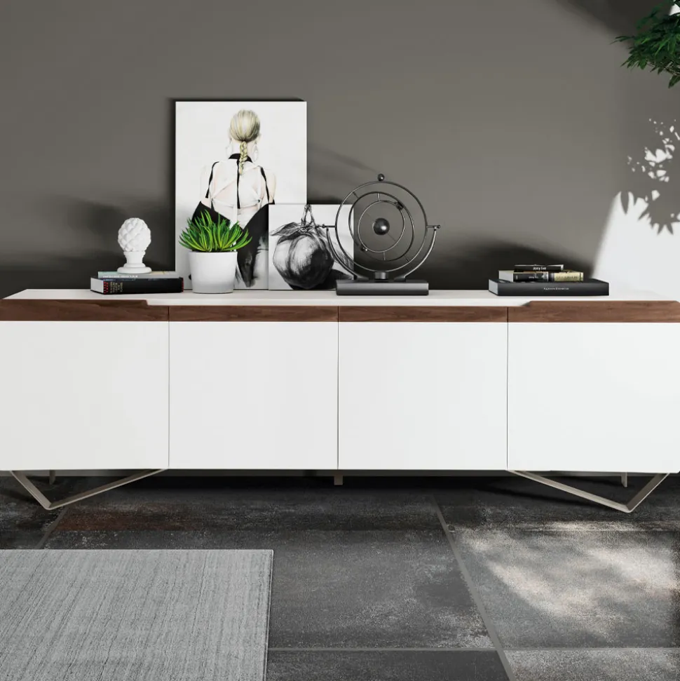 Madia da Zona Living con 4 Ante in Finitura Bianca e Canaletto Made in Italy - Any