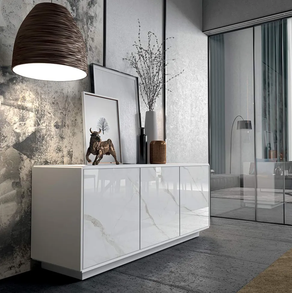 Madia in Legno Laccato con 2 o 3 Ante in Ceramica Made in Italy - Fiorenza