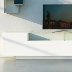 Madia in Mdf Bianco con Teca in Vetro e Base a Zoccolo Made in Italy - Kisha