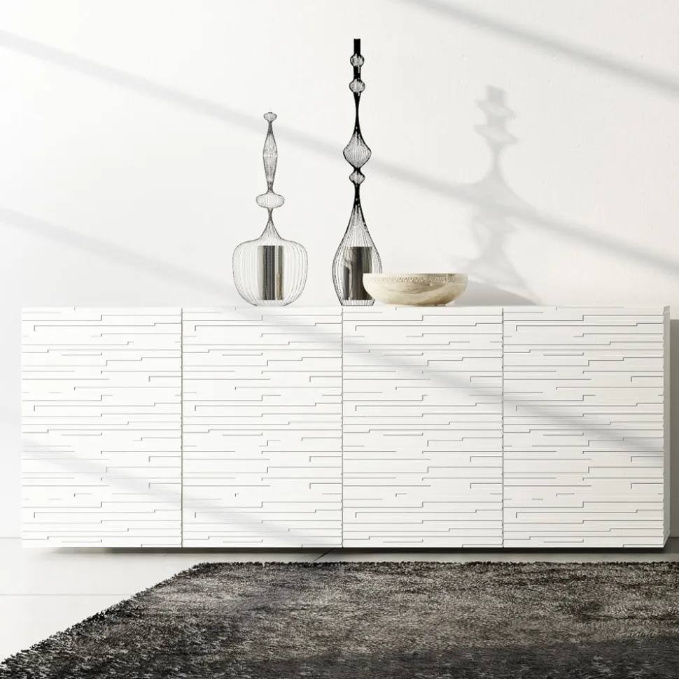Madia in Mdf Laccato Bianco Opaco con Ante Decorate Made in Italy - Chicago
