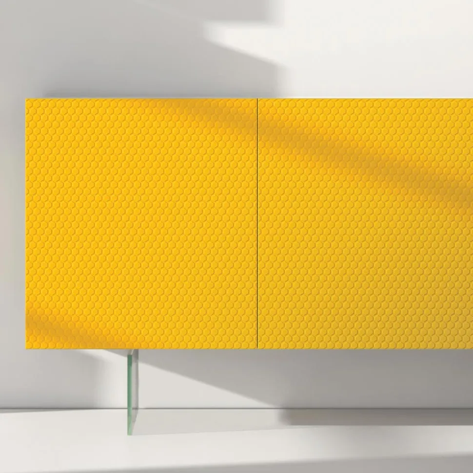 Madia in Mdf Laccato Giallo con 3 Ante e Piedi in Vetro Made in Italy - Ciara