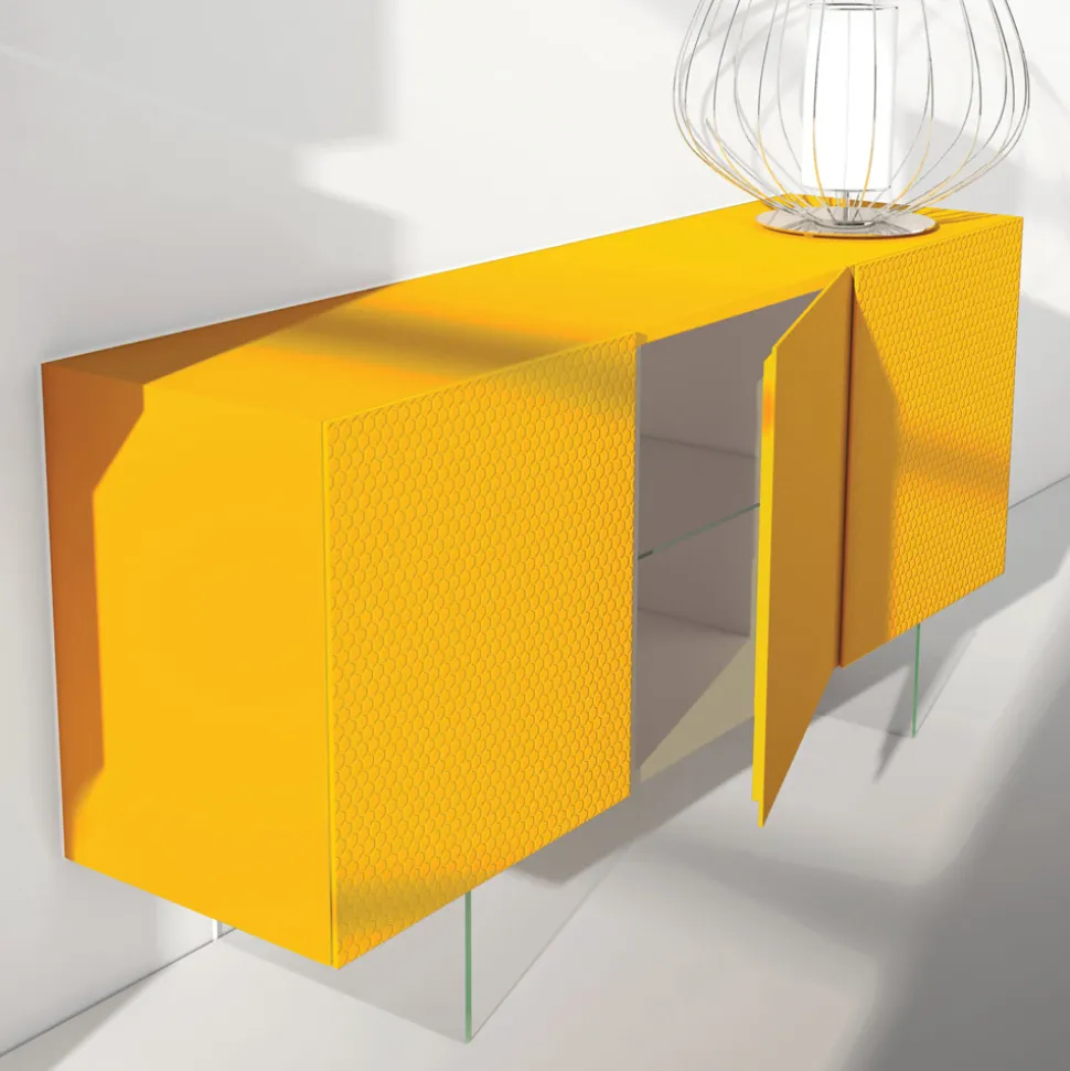 Madia in Mdf Laccato Giallo con 3 Ante e Piedi in Vetro Made in Italy - Ciara