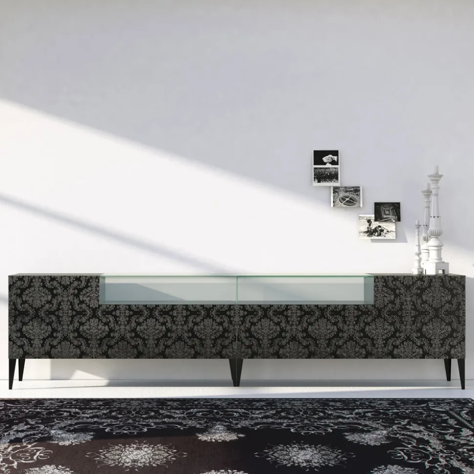 Madia in Mdf Nero con Teca in Vetro e Ante Decorate Made in Italy - Marissa