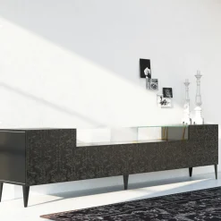 Madia in Mdf Nero con Teca in Vetro e Ante Decorate Made in Italy - Marissa