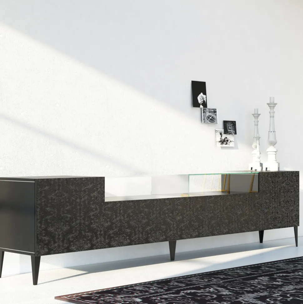 Madia in Mdf Nero con Teca in Vetro e Ante Decorate Made in Italy - Marissa
