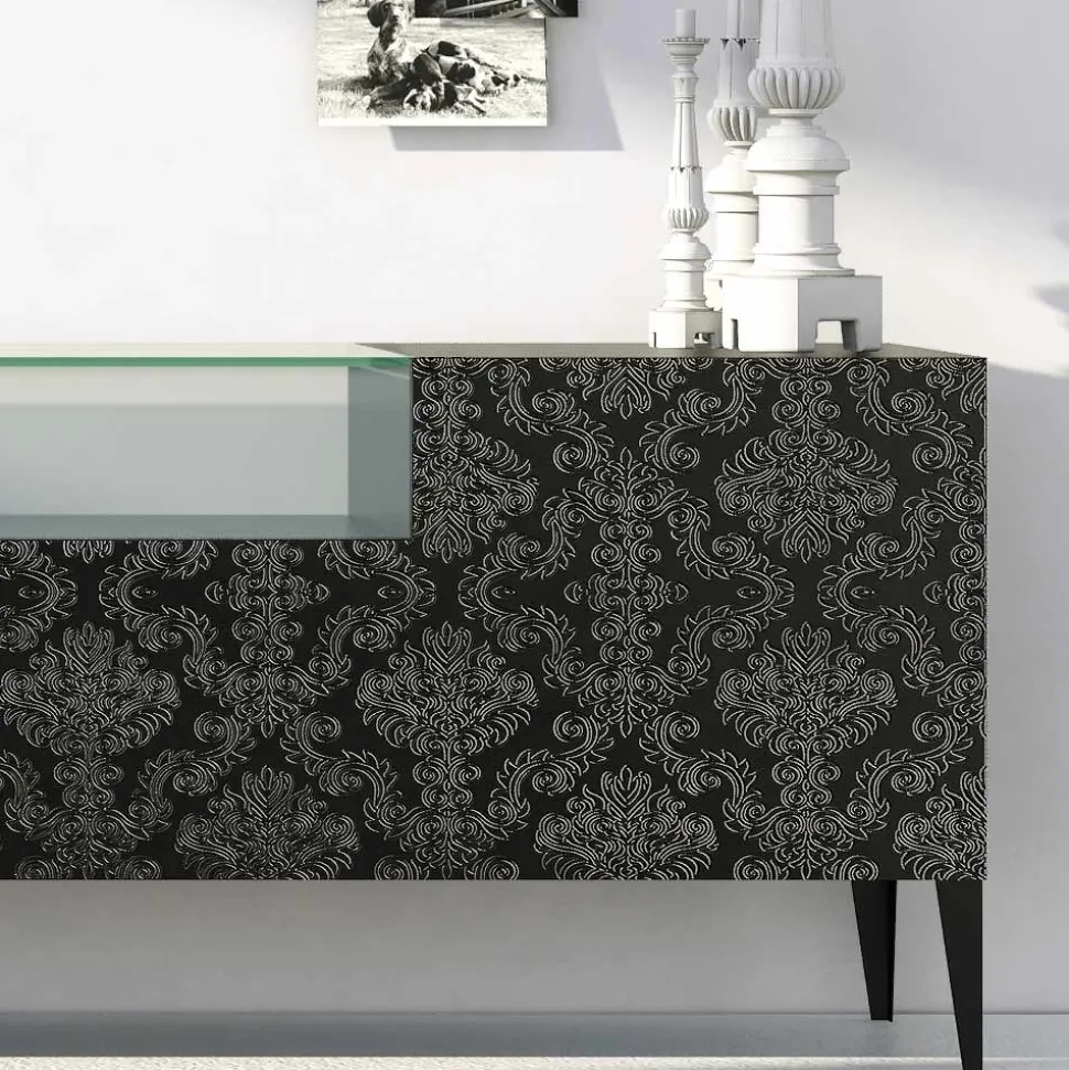 Madia in Mdf Nero con Teca in Vetro e Ante Decorate Made in Italy - Marissa