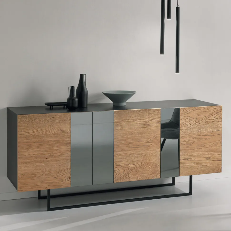 Madia in Nobilitato con 3 Ante in Rovere e Specchio Made in Italy - Romina