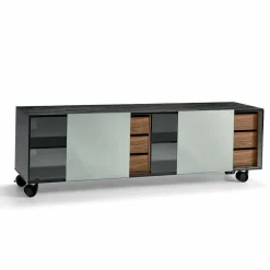 Madia Moderna su Ruote in Vetro Fumè e Top in Ceramica Made in Italy – Scocca