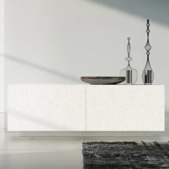 Madia Soggiorno in Mdf Laccato Bianco con Bassorilievo Made in Italy - Acqua