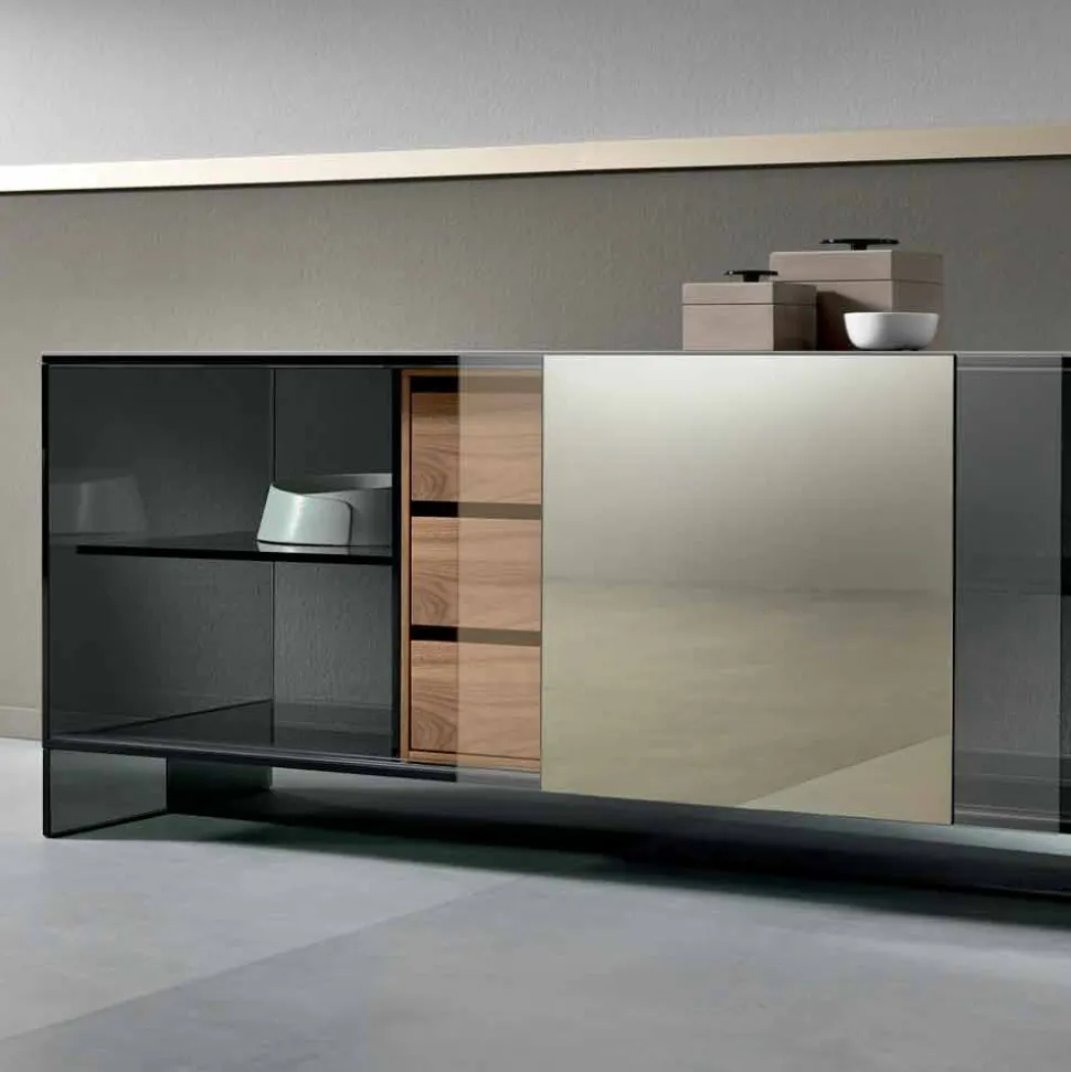 Madia Soggiorno in Vetro Fumè con Anta a Specchio Bronzo Made in Italy – Scocca