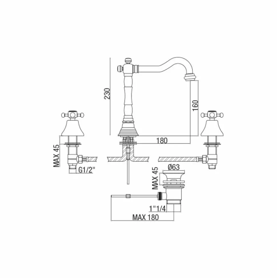 Miscelatore Classico a 3 Fori per Lavabo in Ottone Made in Italy - Lisca