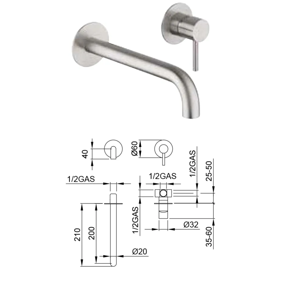 Miscelatore per Lavabo ad Incasso in Acciaio Inossidabile AISI 316L - Artigli