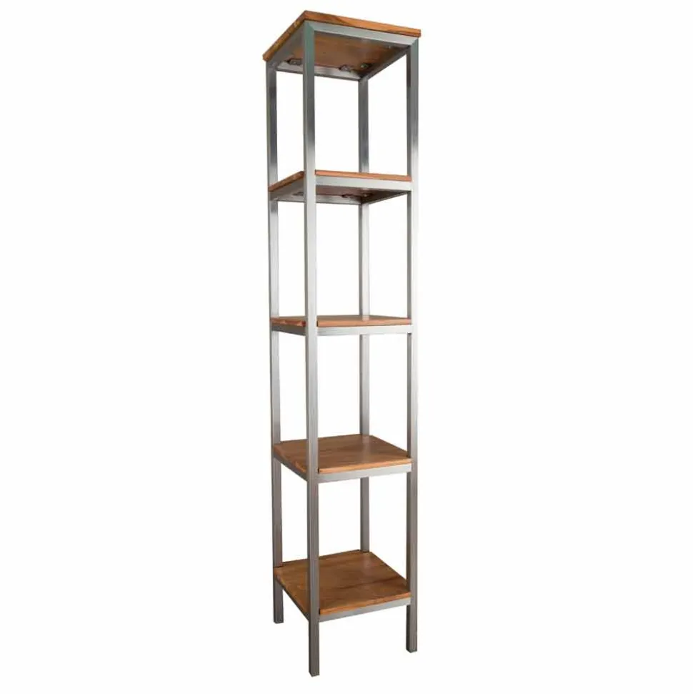 Mobile Bagno a Colonna in Teak e Acciaio con 4 Ripiani a Giorno - Tamburino