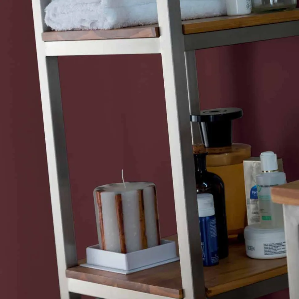 Mobile Bagno a Colonna in Teak e Acciaio con 4 Ripiani a Giorno - Tamburino