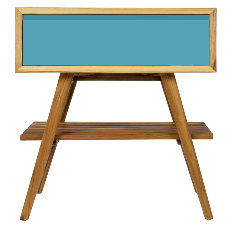 Mobile Bagno a Terra in Teak Naturale con Cassetto Blu in Mogano - Gatien