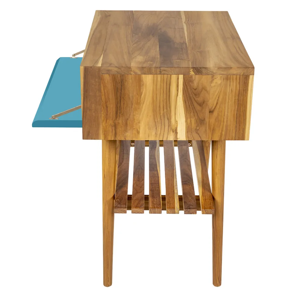 Mobile Bagno a Terra in Teak Naturale con Cassetto Blu in Mogano - Gatien