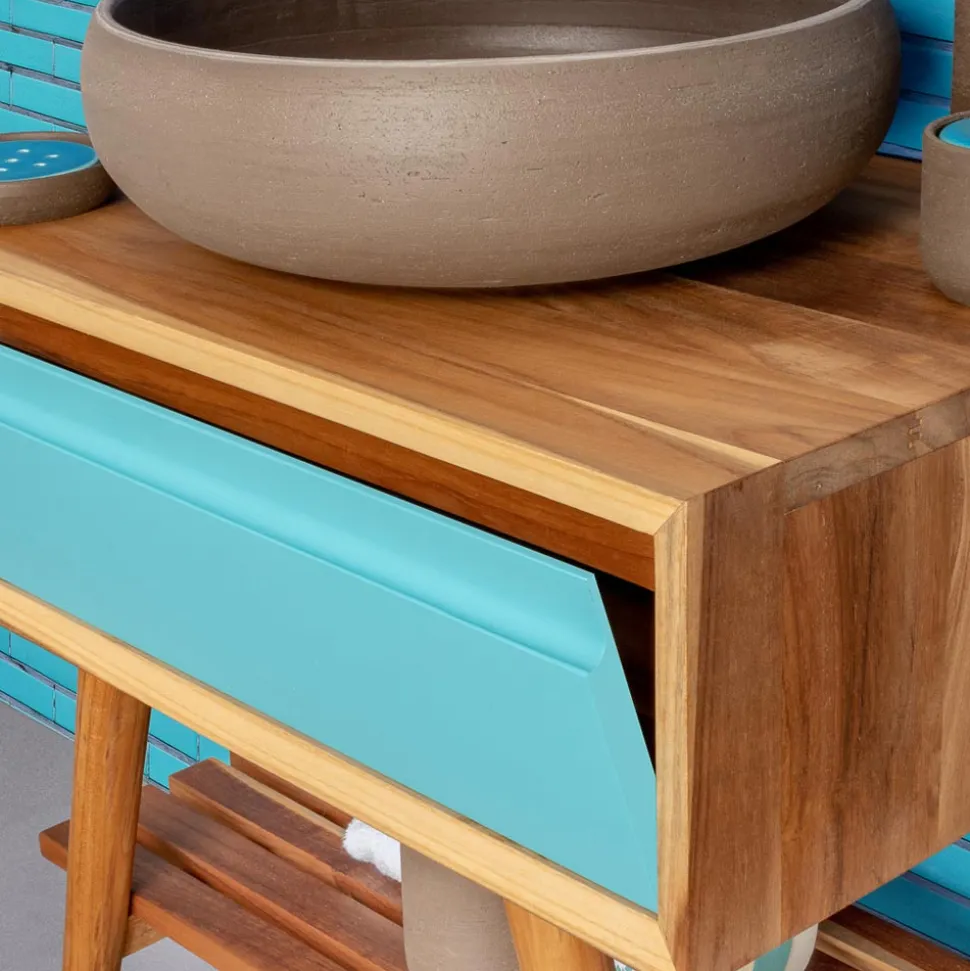 Mobile Bagno a Terra in Teak Naturale con Cassetto Blu in Mogano - Gatien