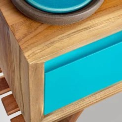 Mobile Bagno a Terra in Teak Naturale con Cassetto Blu in Mogano - Gatien