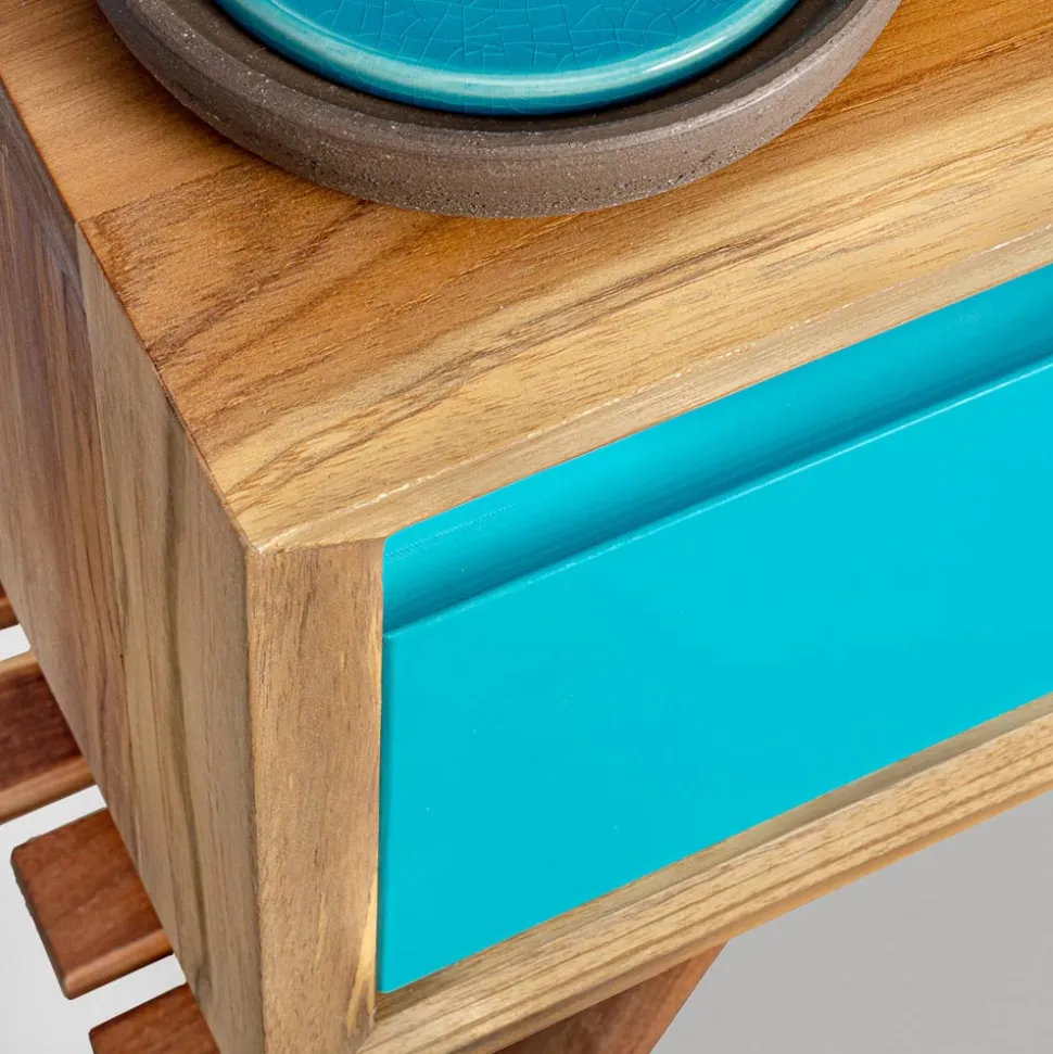 Mobile Bagno a Terra in Teak Naturale con Cassetto Blu in Mogano - Gatien
