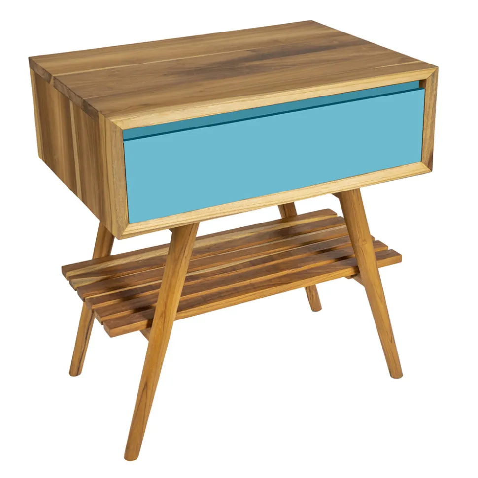 Mobile Bagno a Terra in Teak Naturale con Cassetto Blu in Mogano - Gatien
