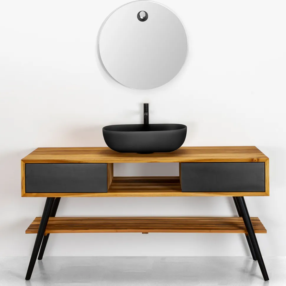 Mobile Bagno a Terra in Teak Naturale e Mogano con Cassetti Neri - Hamadou