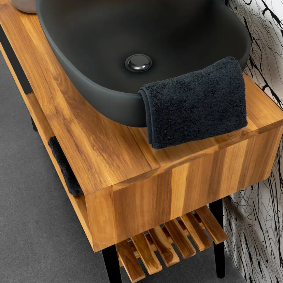 Mobile Bagno a Terra in Teak Naturale e Mogano con Cassetti Neri - Hamadou