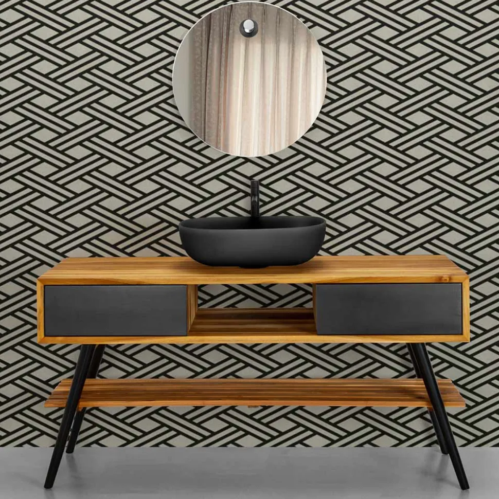 Mobile Bagno a Terra in Teak Naturale e Mogano con Cassetti Neri - Hamadou
