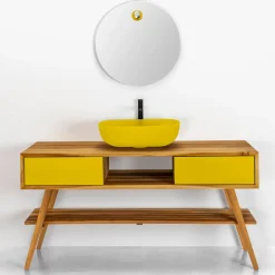 Mobile Bagno a Terra in Teak Naturale con 2 Cassetti Gialli - Hamadou