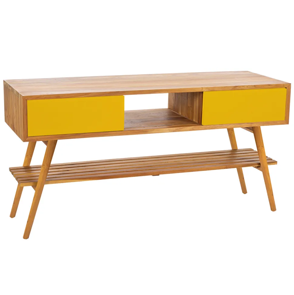 Mobile Bagno a Terra in Teak Naturale con 2 Cassetti Gialli - Hamadou