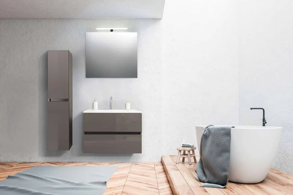 Mobile Bagno 80 cm, Lavabo, Specchio e Colonna Ecrù – Becky