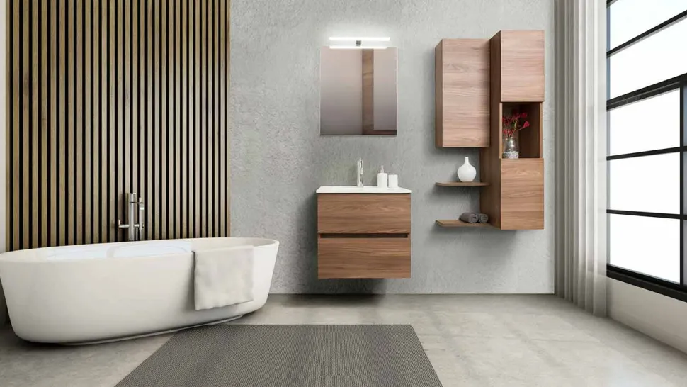 Mobile Bagno 60 cm, Specchio, Lavabo e Colonna – Becky