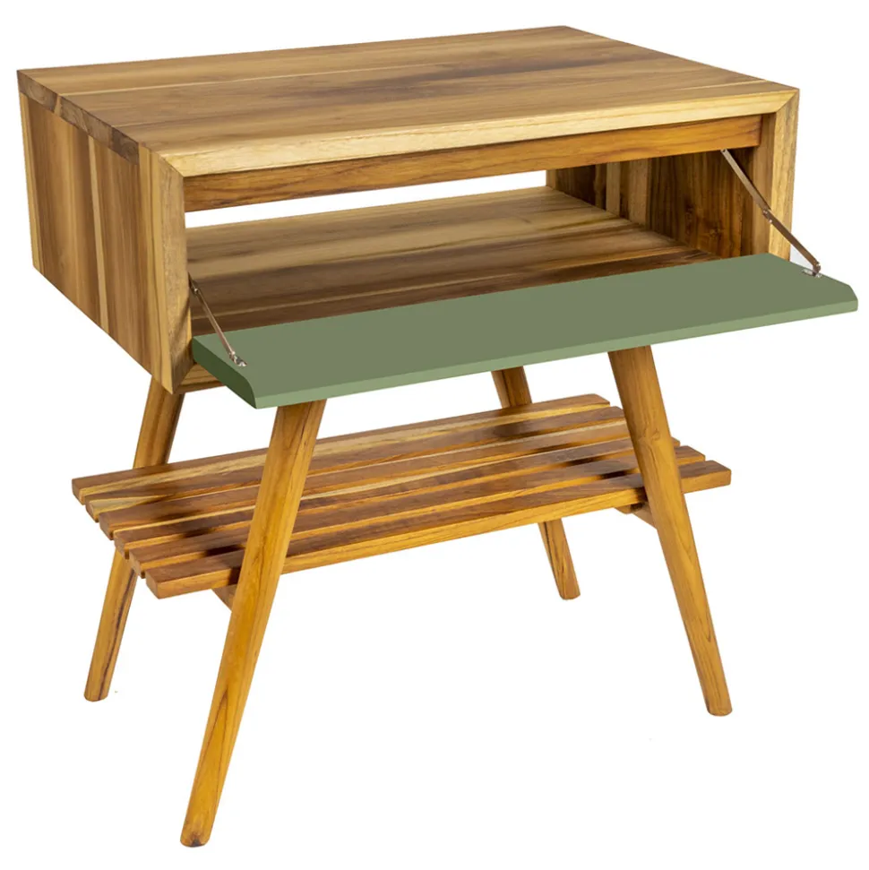Mobile Bagno con Struttura in Teak Naturale e Cassetto Verde - Gatien