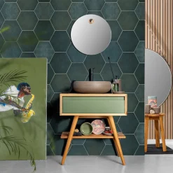 Mobile Bagno con Struttura in Teak Naturale e Cassetto Verde - Gatien