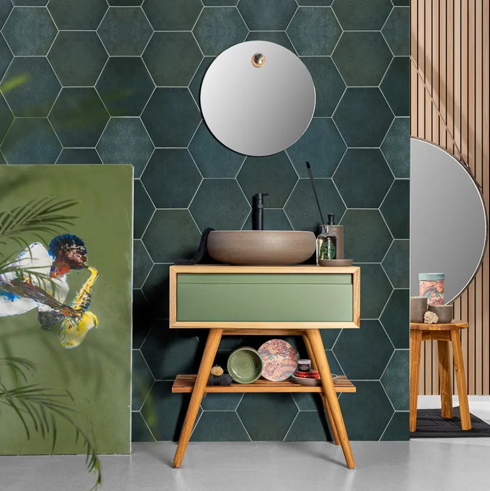 Mobile Bagno con Struttura in Teak Naturale e Cassetto Verde - Gatien