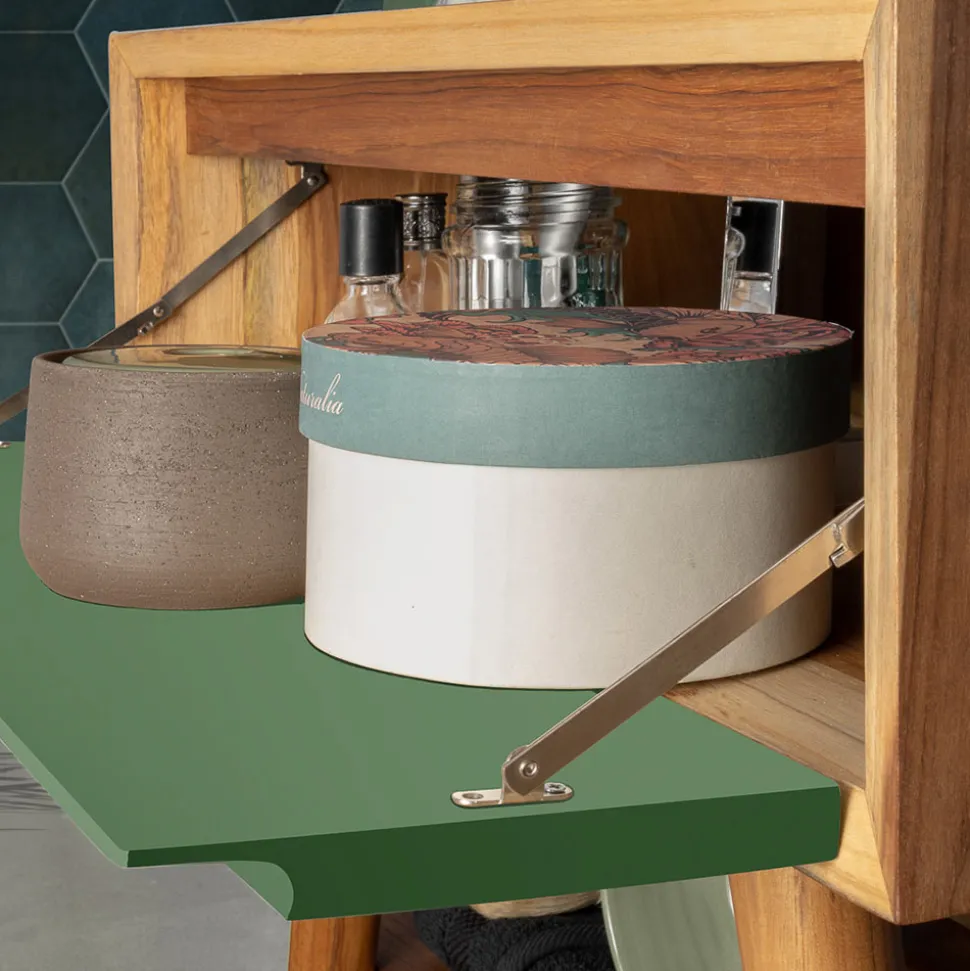 Mobile Bagno con Struttura in Teak Naturale e Cassetto Verde - Gatien