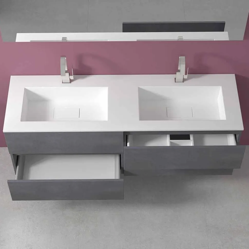 Mobile Bagno Doppio Lavabo, Design Moderno Sospeso in 4 Finiture - Doppietto