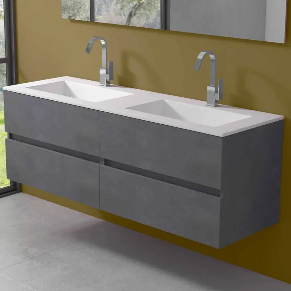 Mobile Bagno Doppio Lavabo, Design Moderno Sospeso in 4 Finiture - Doppietto
