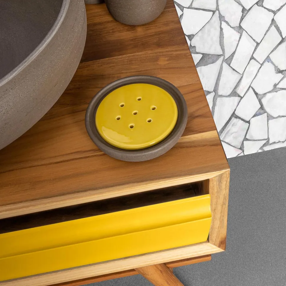 Mobile Bagno in Teak Naturale con Cassetto Giallo a Ribaltina - Gatien